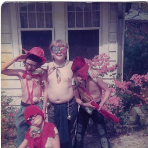 That's me, far left, in fireman hat. Todd Butler in center. My brother in fangs. Not quite drag, but we're getting there. 